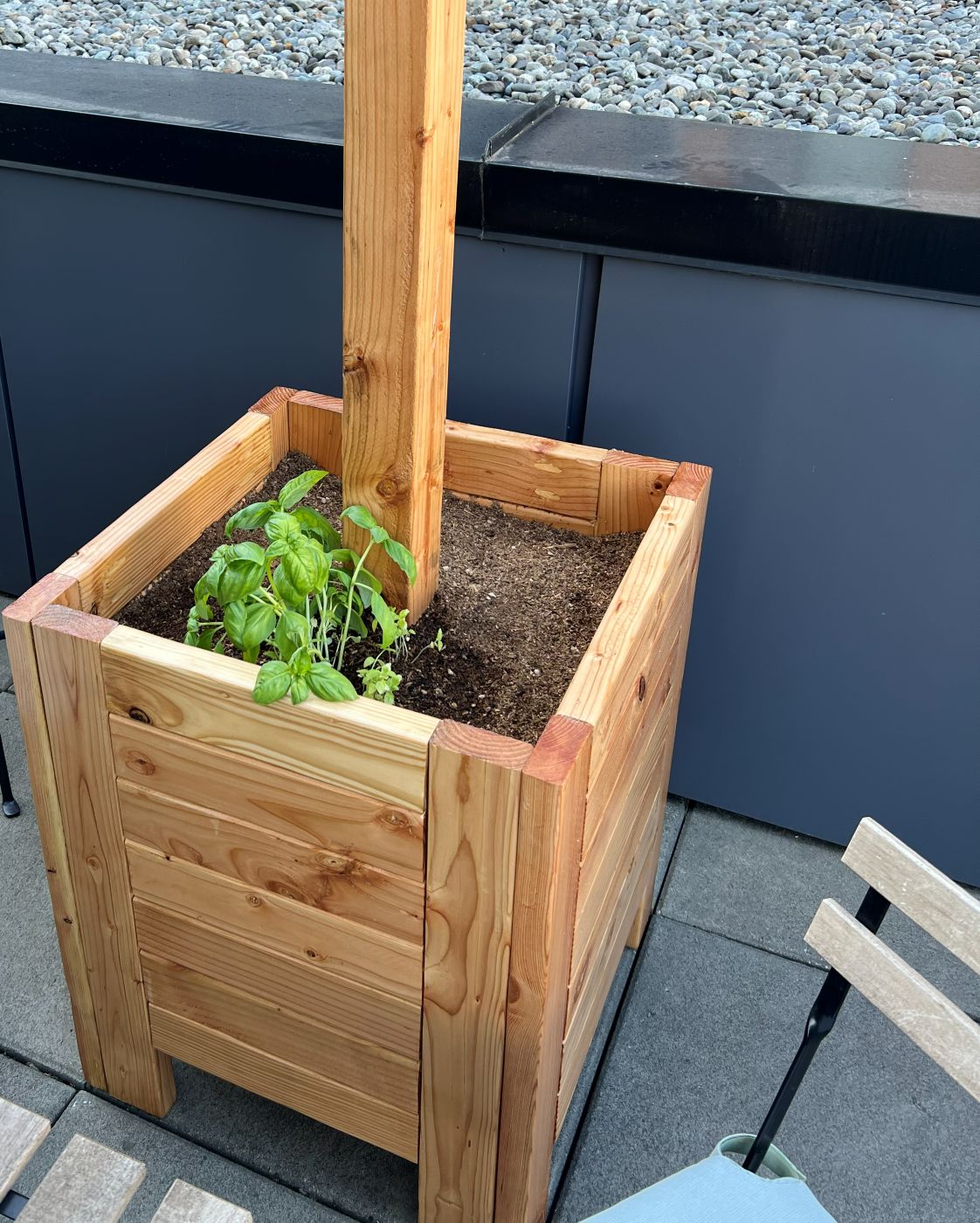 A square wooden patio planter with slatted sides and a vertical trellis post, planted with basil and standing on a patio.